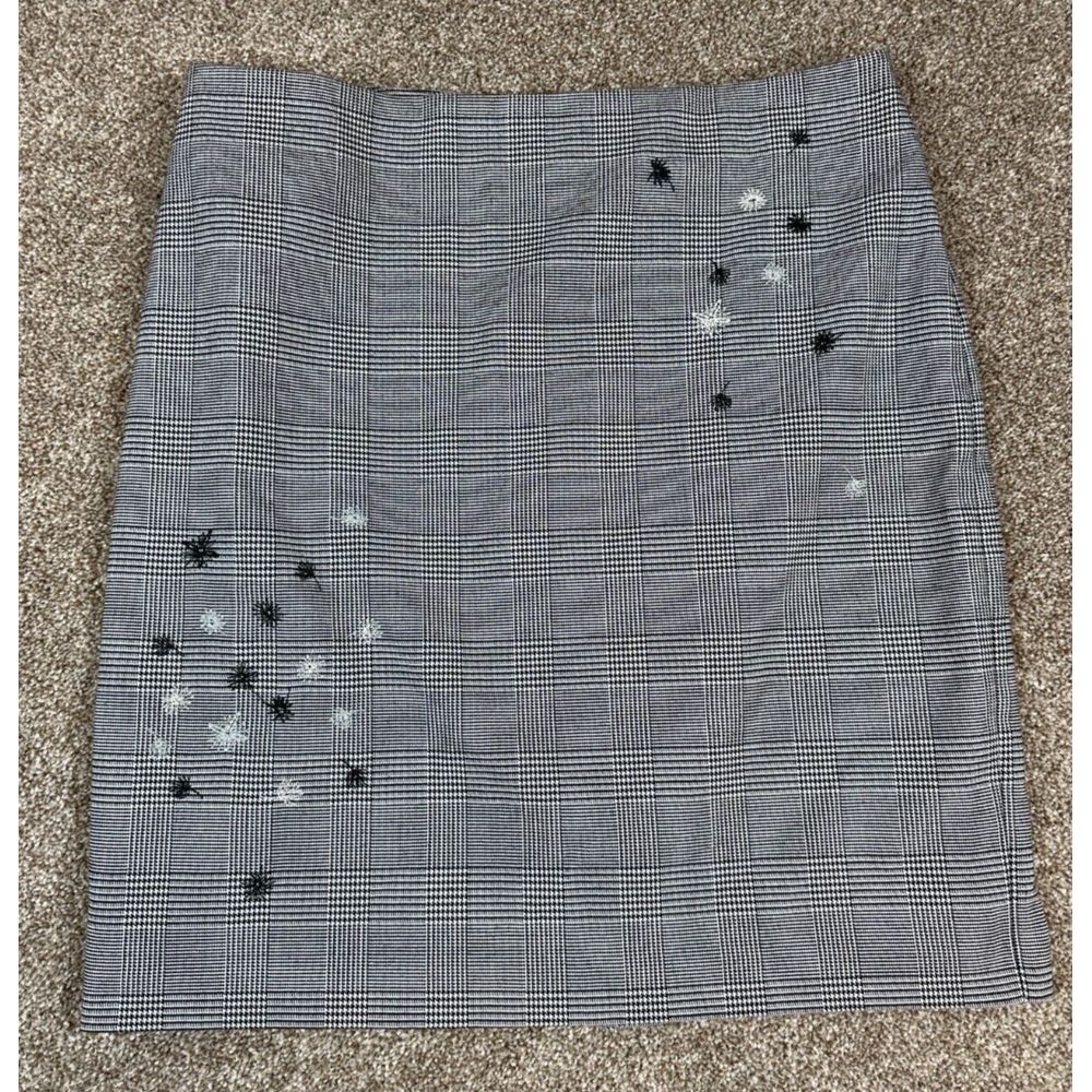 CECE Size 6 Glen Plaid Embroidered Lined "Velvet Petals" Pencil Skirt Rich Black